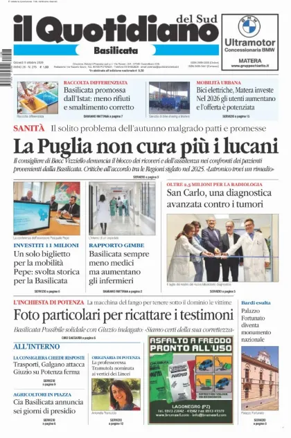 Prima pagina Il Quotidiano del Sud | Basilicata
