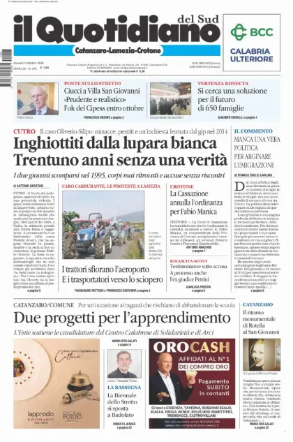 Prima pagina Il Quotidiano del Sud | Catanzaro, Lamezia e Crotone