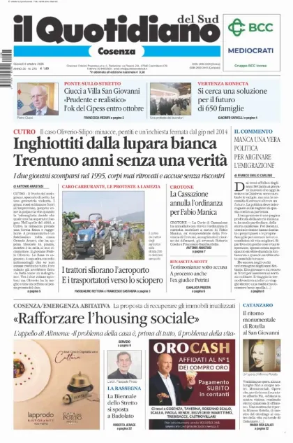 Prima pagina Il Quotidiano del Sud | Cosenza