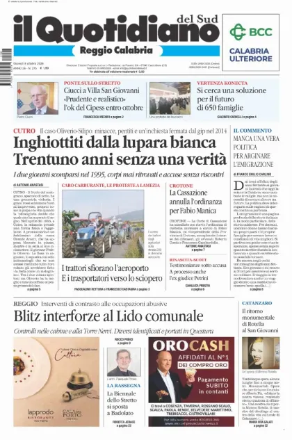 Prima pagina Il Quotidiano del Sud | Reggio Calabria