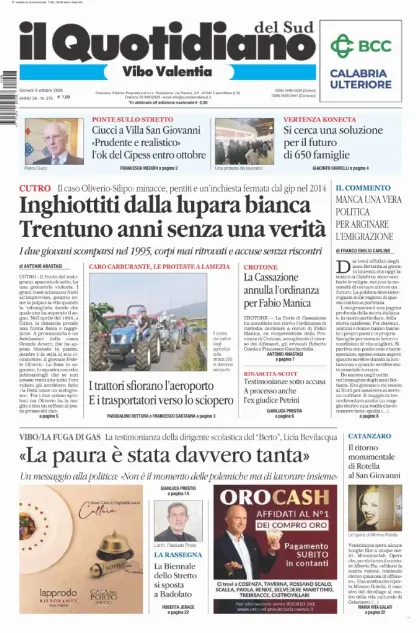 Prima pagina Il Quotidiano del Sud | Vibo Valentia