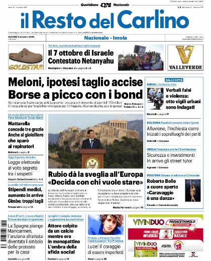 Prima pagina Il Resto del Carlino