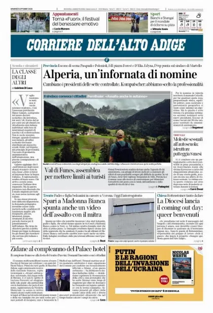 Prima pagina Corriere dell'Alto Adige