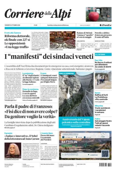 Prima pagina Corriere delle Alpi | Belluno