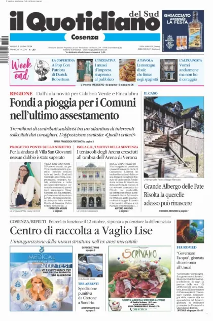 Prima pagina Il Quotidiano del Sud | Cosenza
