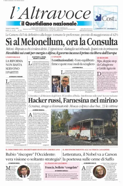 Prima pagina Il Quotidiano del Sud | L'Altravoce