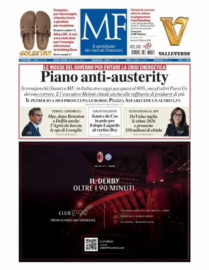 Prima pagina MF Milano Finanza