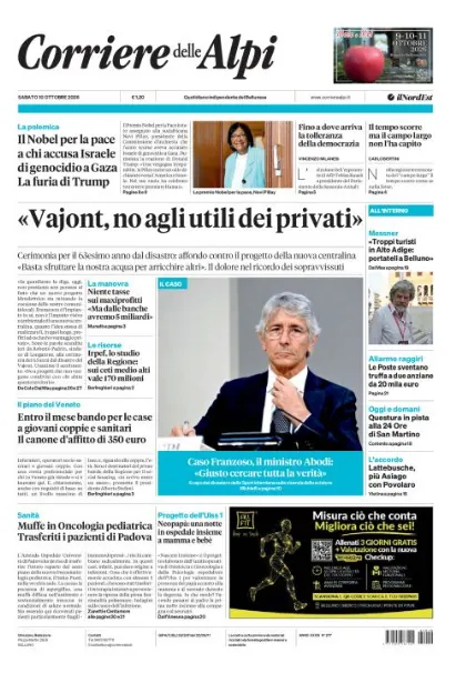 Prima pagina Corriere delle Alpi | Belluno