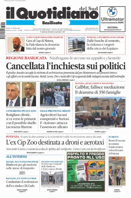 Prima pagina Il Quotidiano del Sud | Basilicata