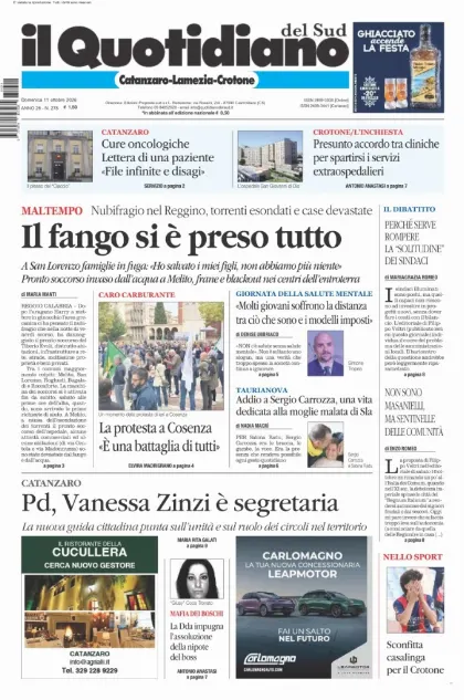 Prima pagina Il Quotidiano del Sud | Catanzaro, Lamezia e Crotone