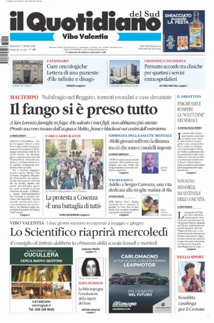 Prima pagina Il Quotidiano del Sud | Vibo Valentia