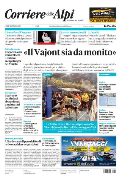 Prima pagina Corriere delle Alpi | Belluno