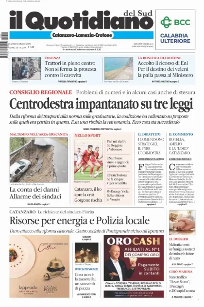 Prima pagina Il Quotidiano del Sud | Catanzaro, Lamezia e Crotone