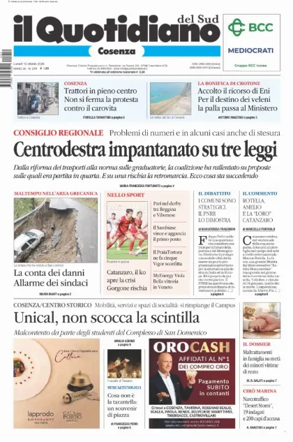 Prima pagina Il Quotidiano del Sud | Cosenza