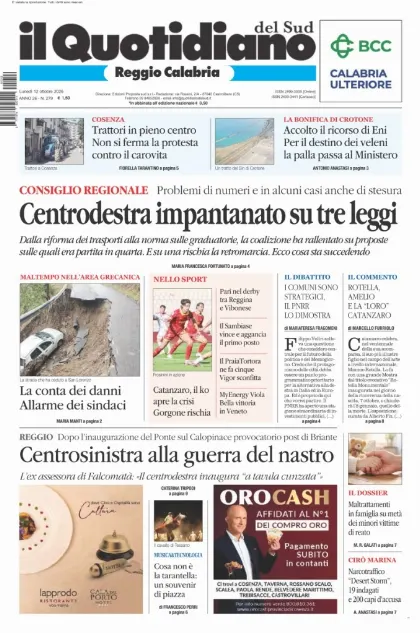 Prima pagina Il Quotidiano del Sud | Reggio Calabria