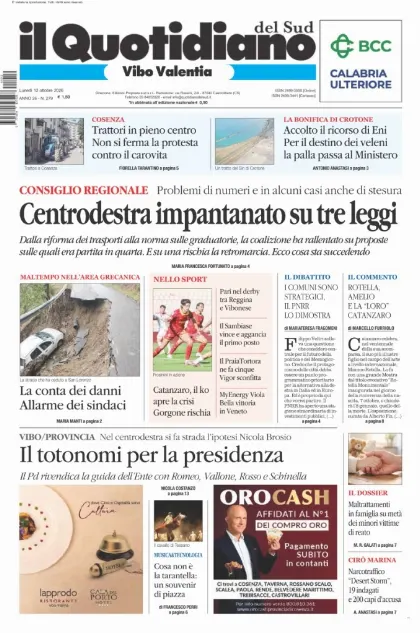Prima pagina Il Quotidiano del Sud | Vibo Valentia