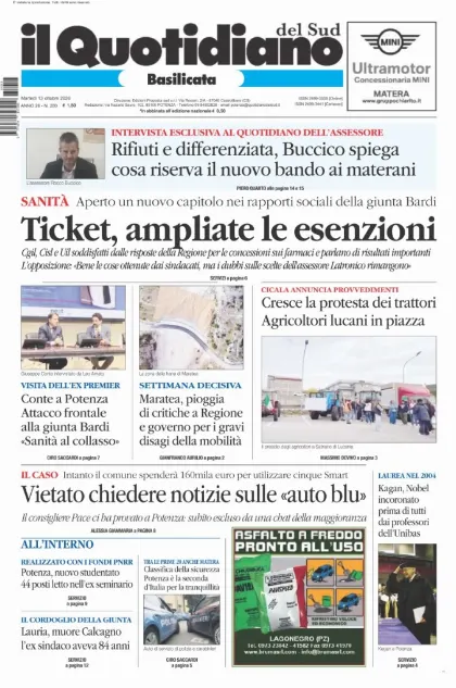 Prima pagina Il Quotidiano del Sud | Basilicata