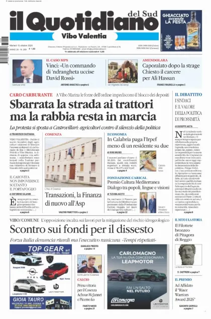 Prima pagina Il Quotidiano del Sud | Vibo Valentia