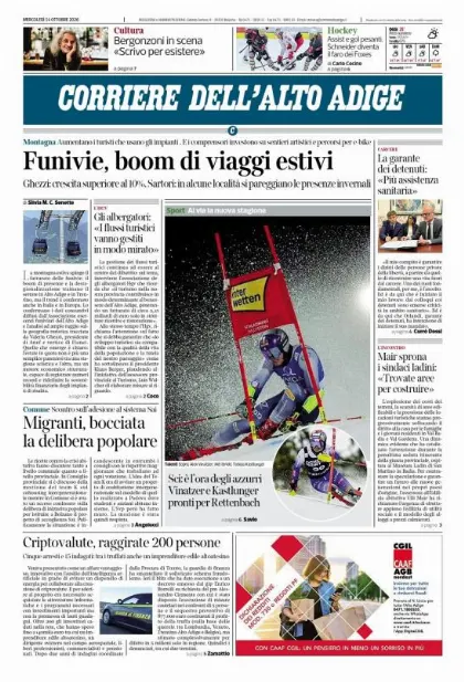 Prima pagina Corriere dell'Alto Adige