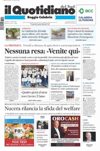 Prima pagina Il Quotidiano del Sud | Reggio Calabria