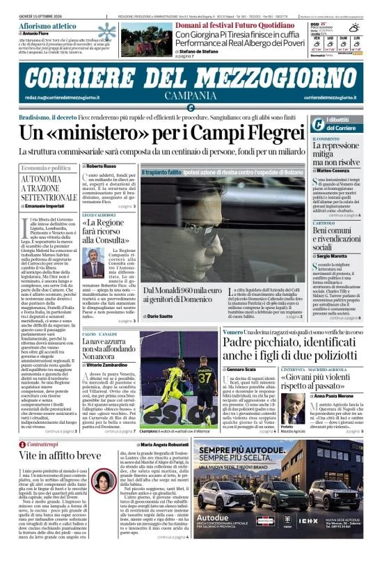 Prima pagina Corriere del Mezzogiorno | Campania del 15 Ottobre 2026