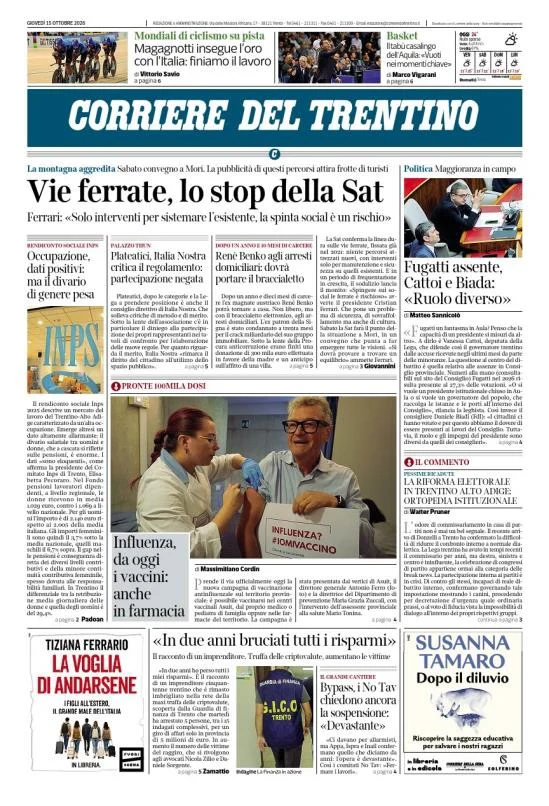 Prima pagina Corriere del Trentino del 15 Ottobre 2026