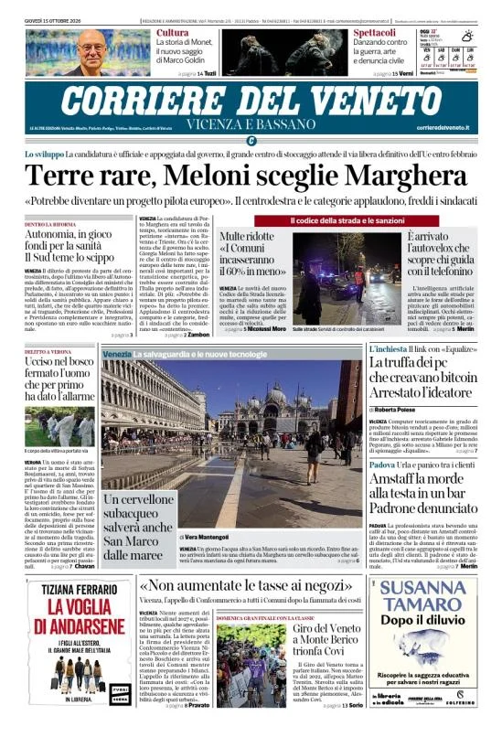Prima pagina Corriere del Veneto | Vicenza e Bassano del 15 Ottobre 2026