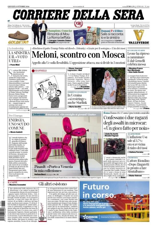 Prima pagina Corriere della Sera del 15 Ottobre 2026