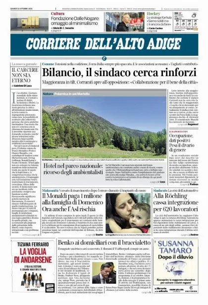 Prima pagina Corriere dell'Alto Adige
