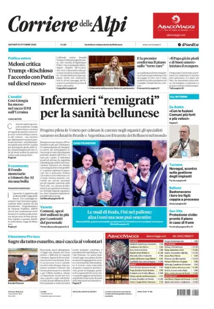 Prima pagina Corriere delle Alpi | Belluno