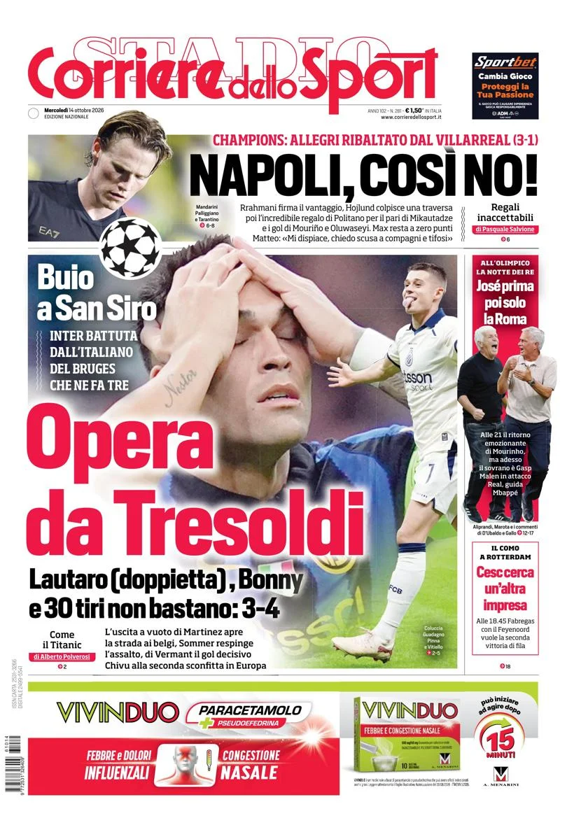 Prima pagina Corriere dello Sport - Stadio del 15 Ottobre 2026