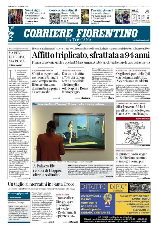 Prima pagina Corriere Fiorentino del 15 Ottobre 2026