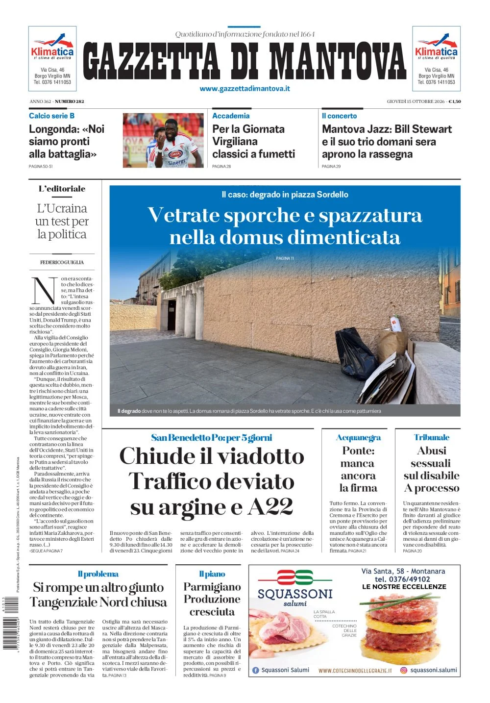 Prima pagina Gazzetta di Mantova del 15 Ottobre 2026