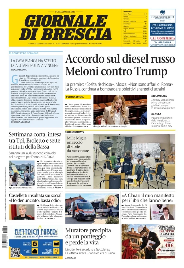 Prima pagina Giornale di Brescia del 15 Ottobre 2026
