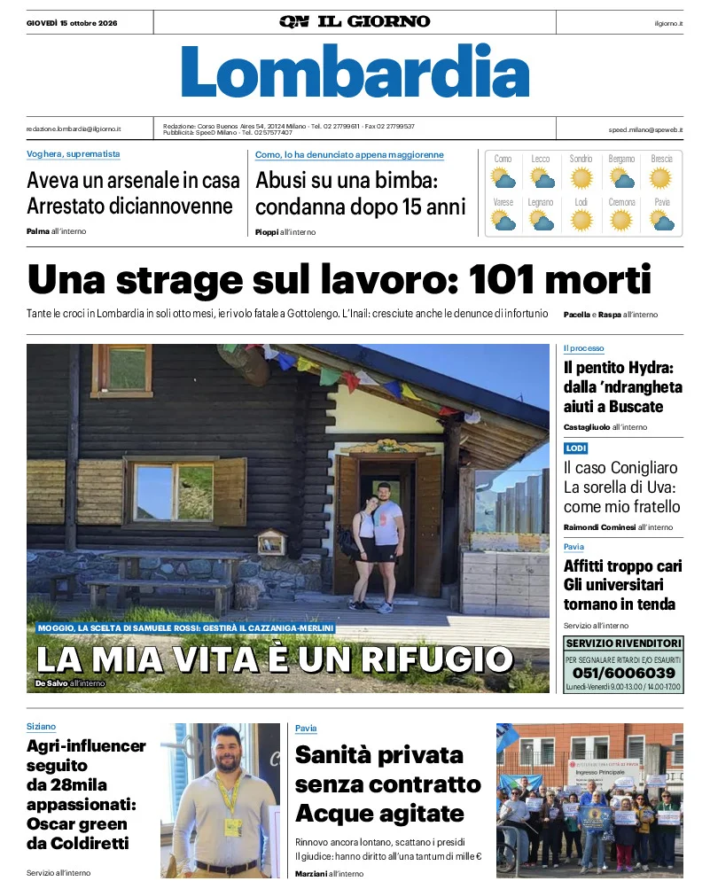 Prima pagina Il Giorno del 15 Ottobre 2026
