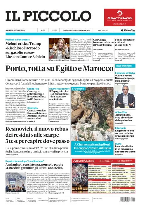 Prima pagina Il Piccolo | Trieste del 15 Ottobre 2026