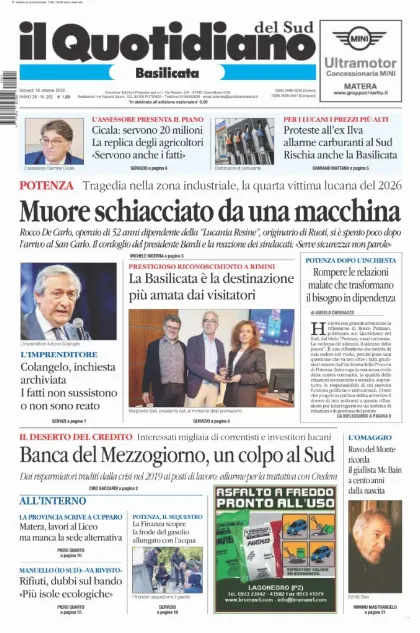 Prima pagina Il Quotidiano del Sud | Basilicata