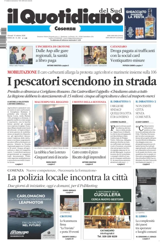 Prima pagina Il Quotidiano del Sud | Cosenza del 15 Ottobre 2026
