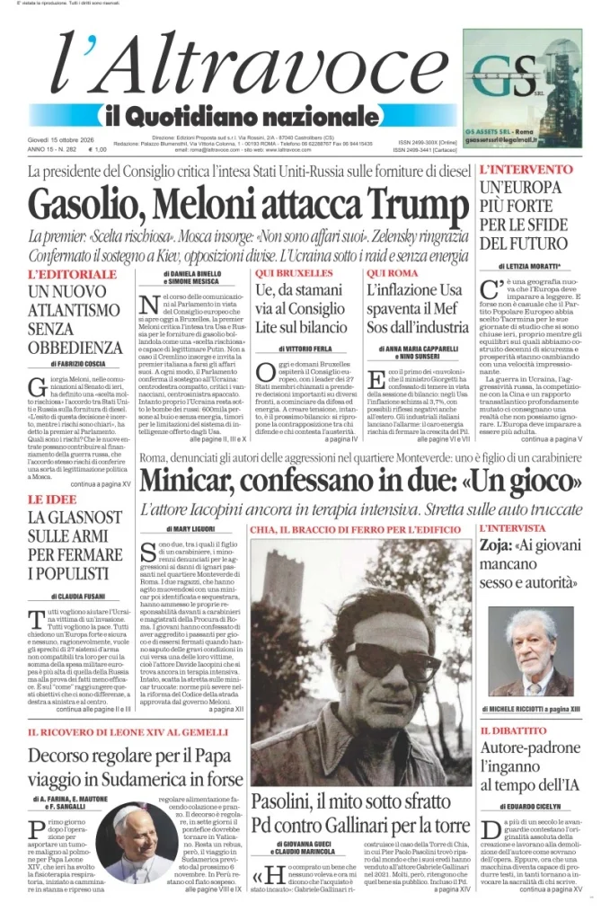 Prima pagina Il Quotidiano del Sud | L'Altravoce del 15 Ottobre 2026