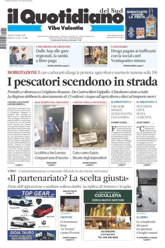 Prima pagina Il Quotidiano del Sud | Vibo Valentia del 15 Ottobre 2026