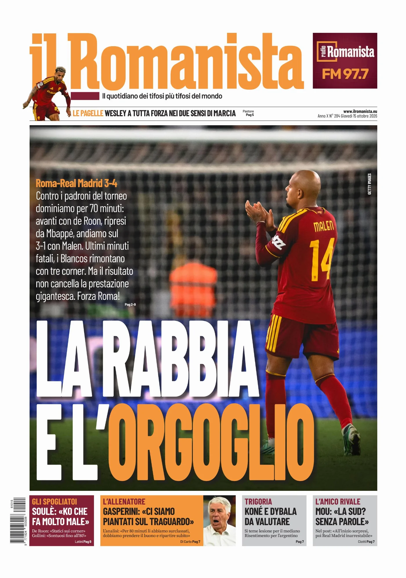 Prima pagina Il Romanista del 15 Ottobre 2026