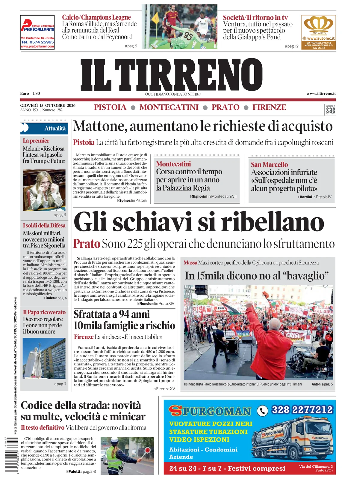 Prima pagina Il Tirreno del 15 Ottobre 2026