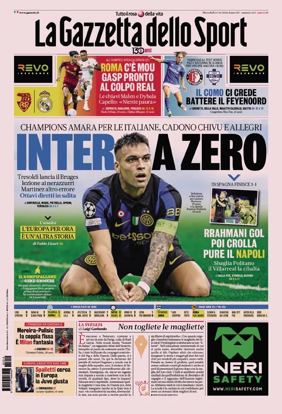 Prima pagina La Gazzetta dello Sport del 15 Ottobre 2026