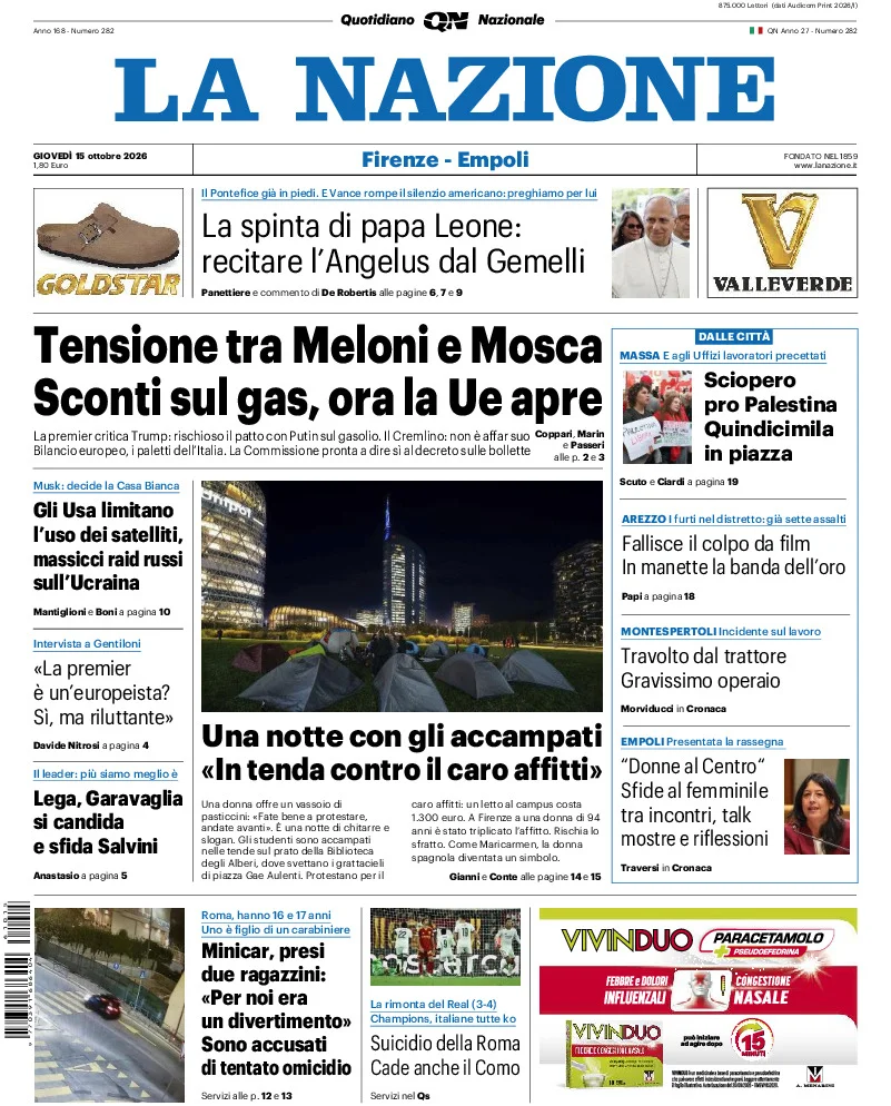 Prima pagina La Nazione del 15 Ottobre 2026