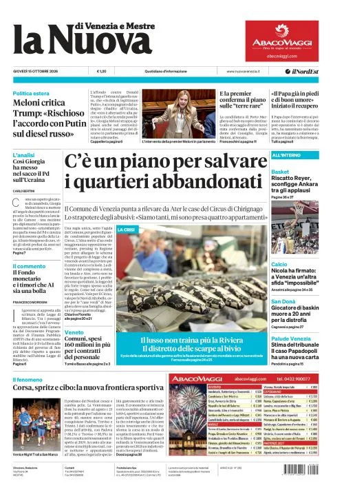 Prima pagina La Nuova di Venezia e Mestre | Venezia e Mestre del 15 Ottobre 2026