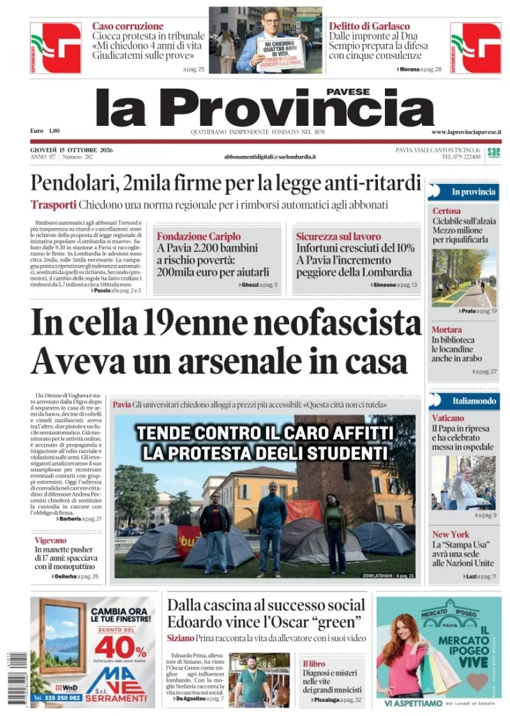 Prima pagina La Provincia Pavese del 15 Ottobre 2026