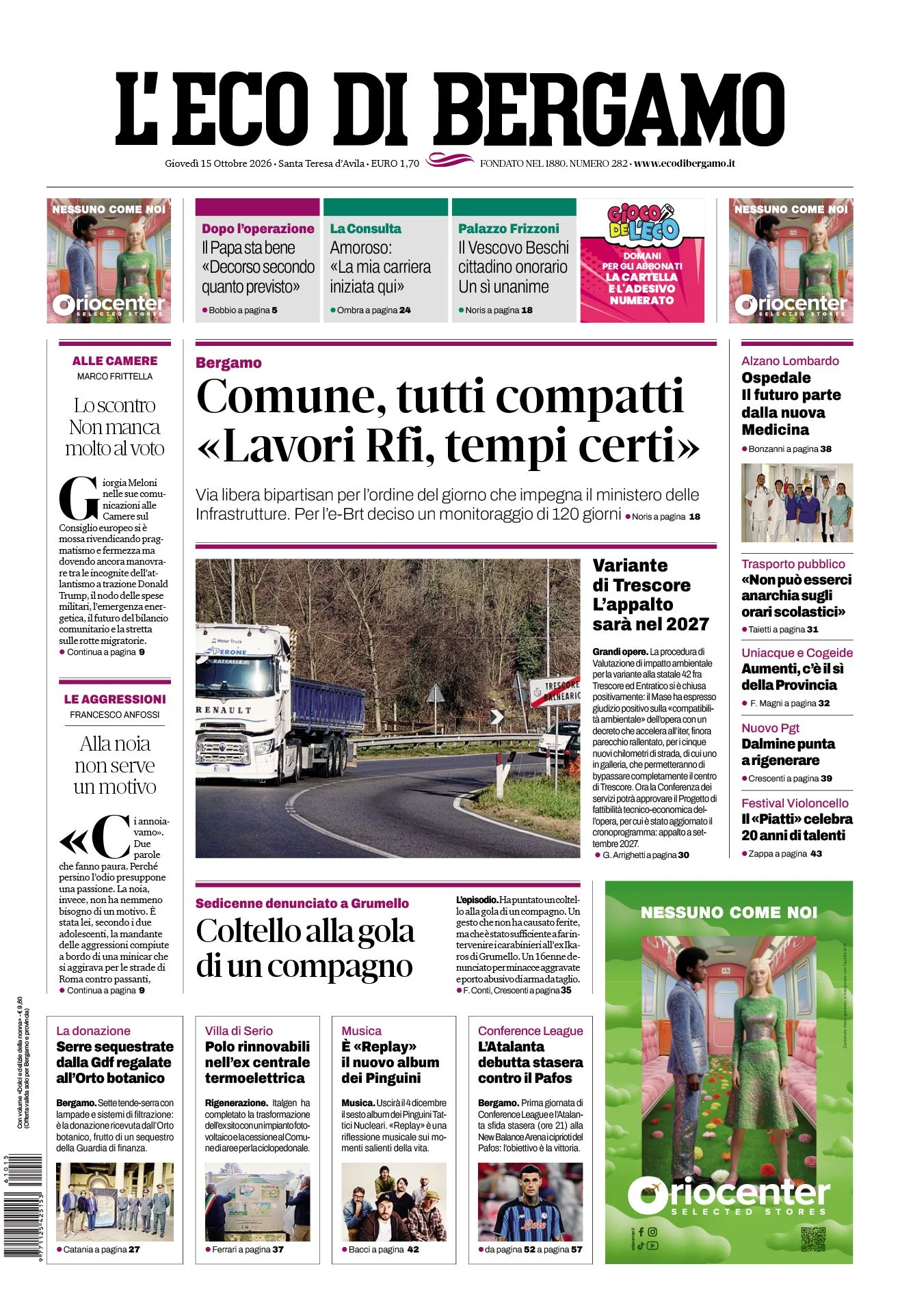 Prima pagina L'Eco di Bergamo del 15 Ottobre 2026