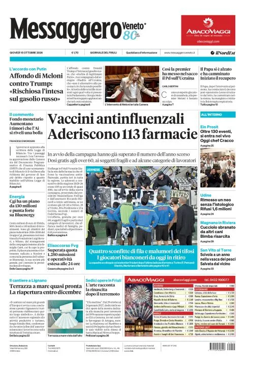Prima pagina Messaggero Veneto | Gorizia del 15 Ottobre 2026