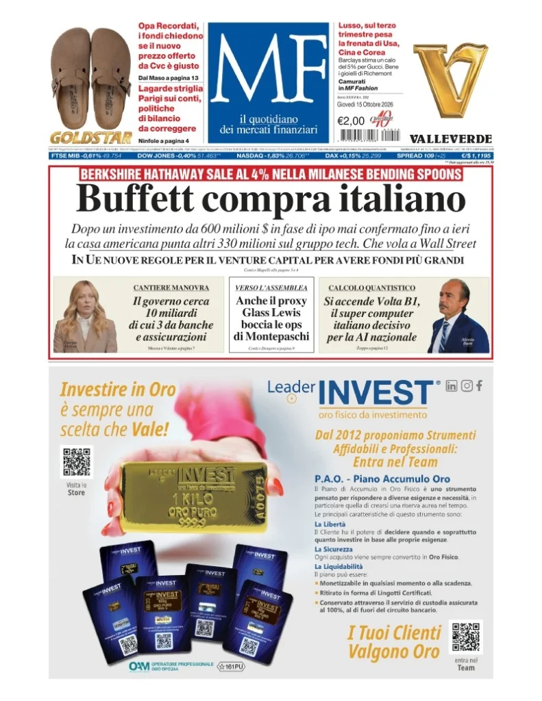 Prima pagina MF Milano Finanza del 15 Ottobre 2026