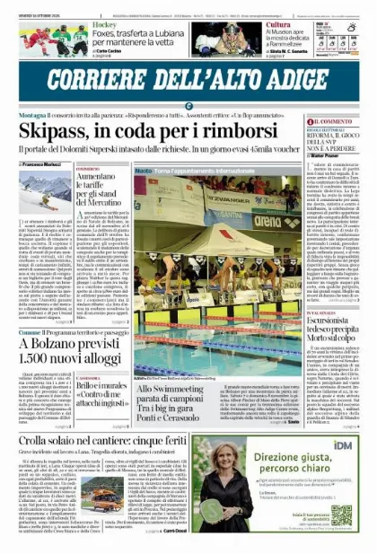 Prima pagina Corriere dell'Alto Adige